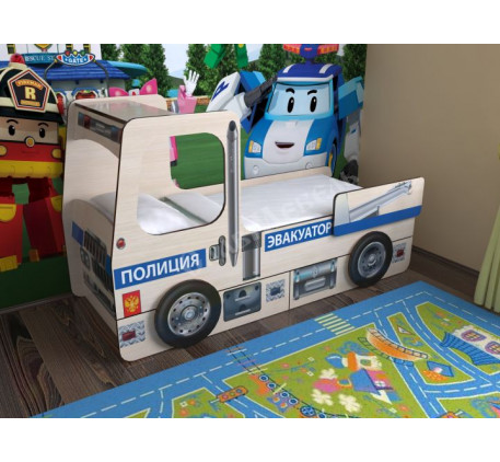 Кровать тягач-эвакуатор Полицейский, спальное место детской кровати 190х80 см